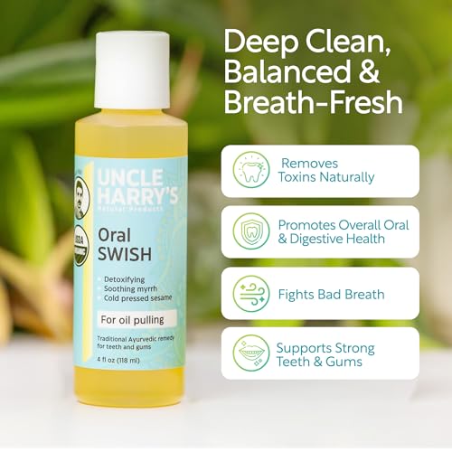 Uncle Harry's Organic Oil Pulling Mouthwash with Sesame, Clove & Oregano - Natural Teeth & Gum Care (4 oz)