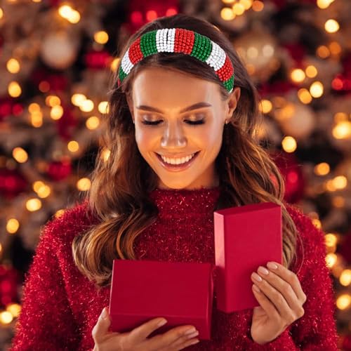 Christmas Headband for Women - Red Green White Beaded Hair Hoop
