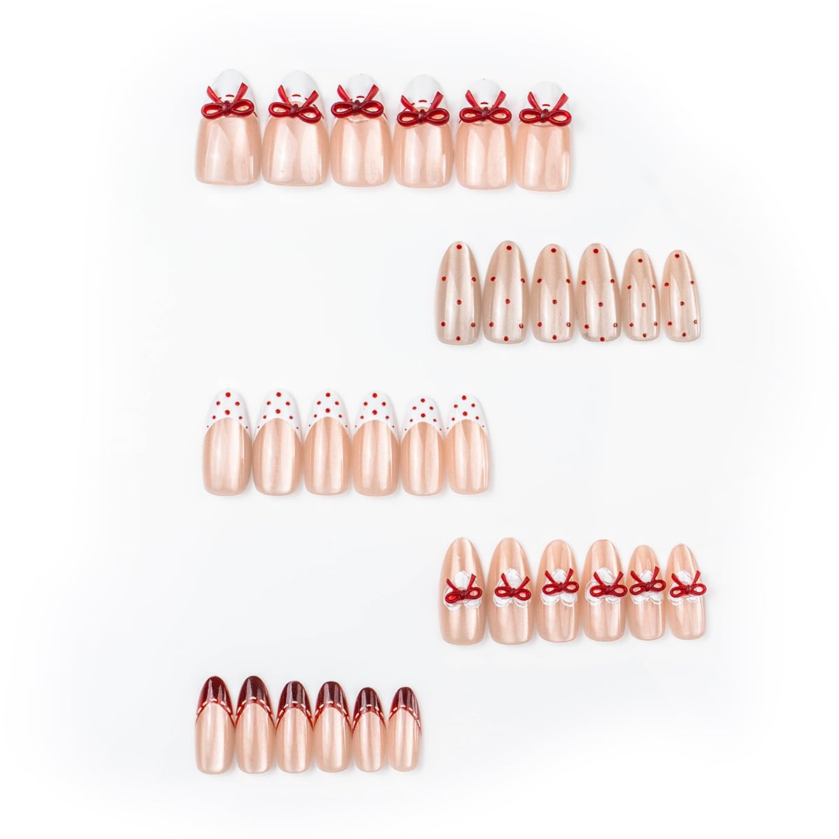 French Tip Press-On Nails - Medium Almond Red Bow Design | Reusable Pink Acrylic 30 Pcs