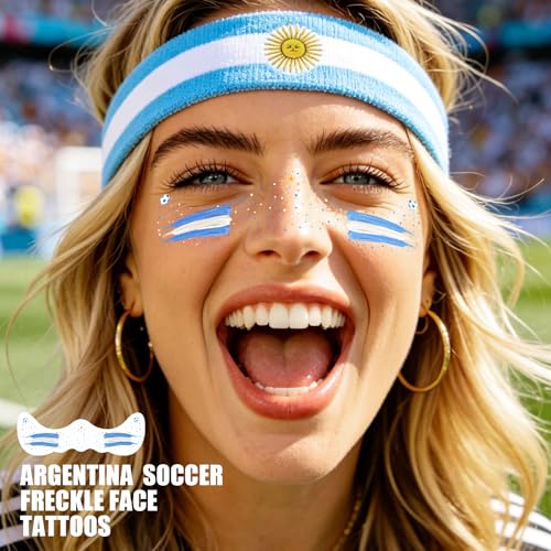 Blue & White Soccer Fan Freckles Face Tattoo - 3 Gold Stars Temporary Tattoos | Waterproof Sports Sparkle Stickers for Football Matches & Game Day Celebrations (8 Sheets)
