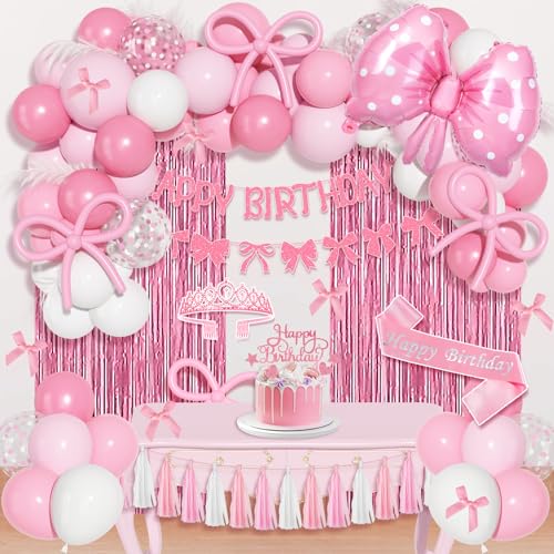 Pink Bow Birthday Decorations Set - 92pcs Party Supplies