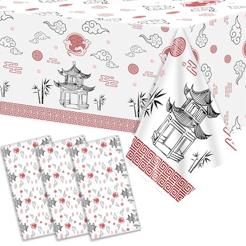 Hibachi Party Table Covers - 3 Pack Disposable Plastic Tablecloths 54x108 Inch for Asian Themed Celebrations