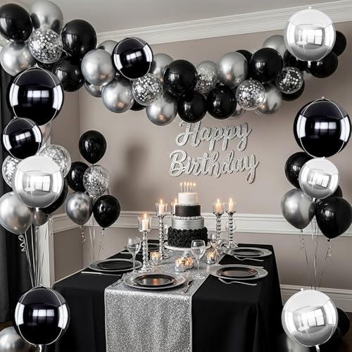 16Pcs 4D Black Silver Foil Balloons for Party Decorations