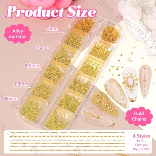 Gold Caviar Beads & Nail Chains Kit for Acrylic Nails - 0.8-2mm