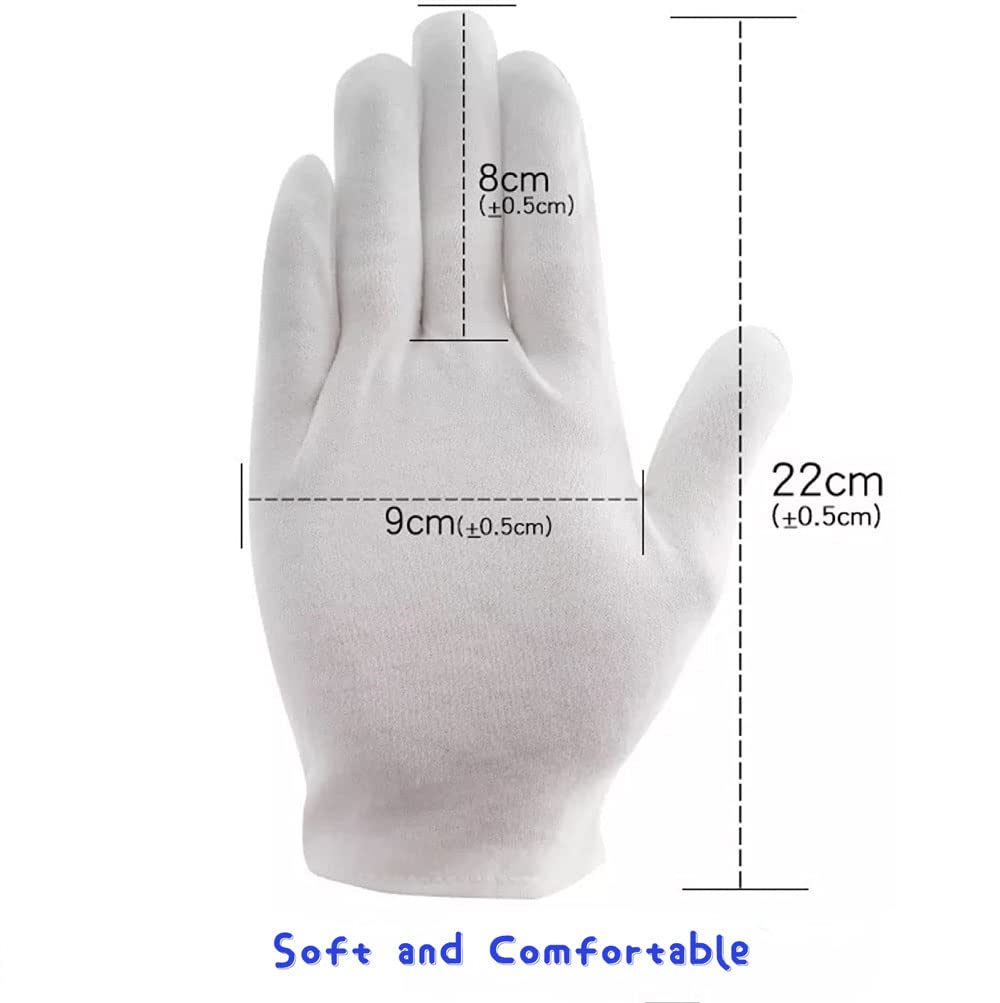 24 Pcs (12 Pair) White Cotton Gloves for Dry Hand Moisturizing, Cosmetic Eczema Hand Spa, Coin Jewelry Inspection, Checking and Serving - Stretchable Lining