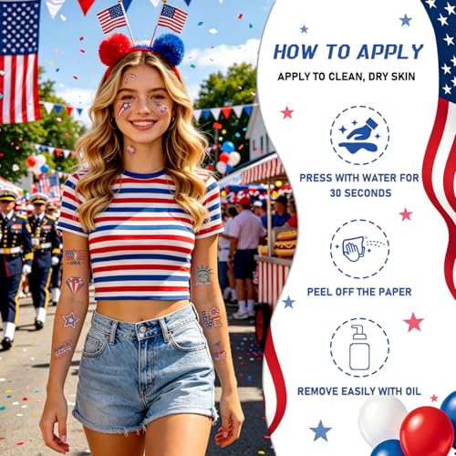 108 Pcs Glitter Patriotic Temporary Tattoos for 4th of July & Kids Adults