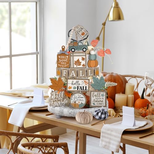 21 Pcs Fall Tiered Tray Decorations Set - Autumn Farmhouse Decor