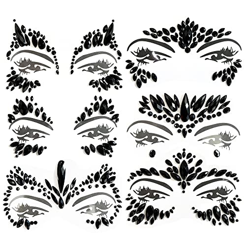 Kotbs Black Rhinestone Face Gems - 6-Pack Self-Adhesive Festival Jewels