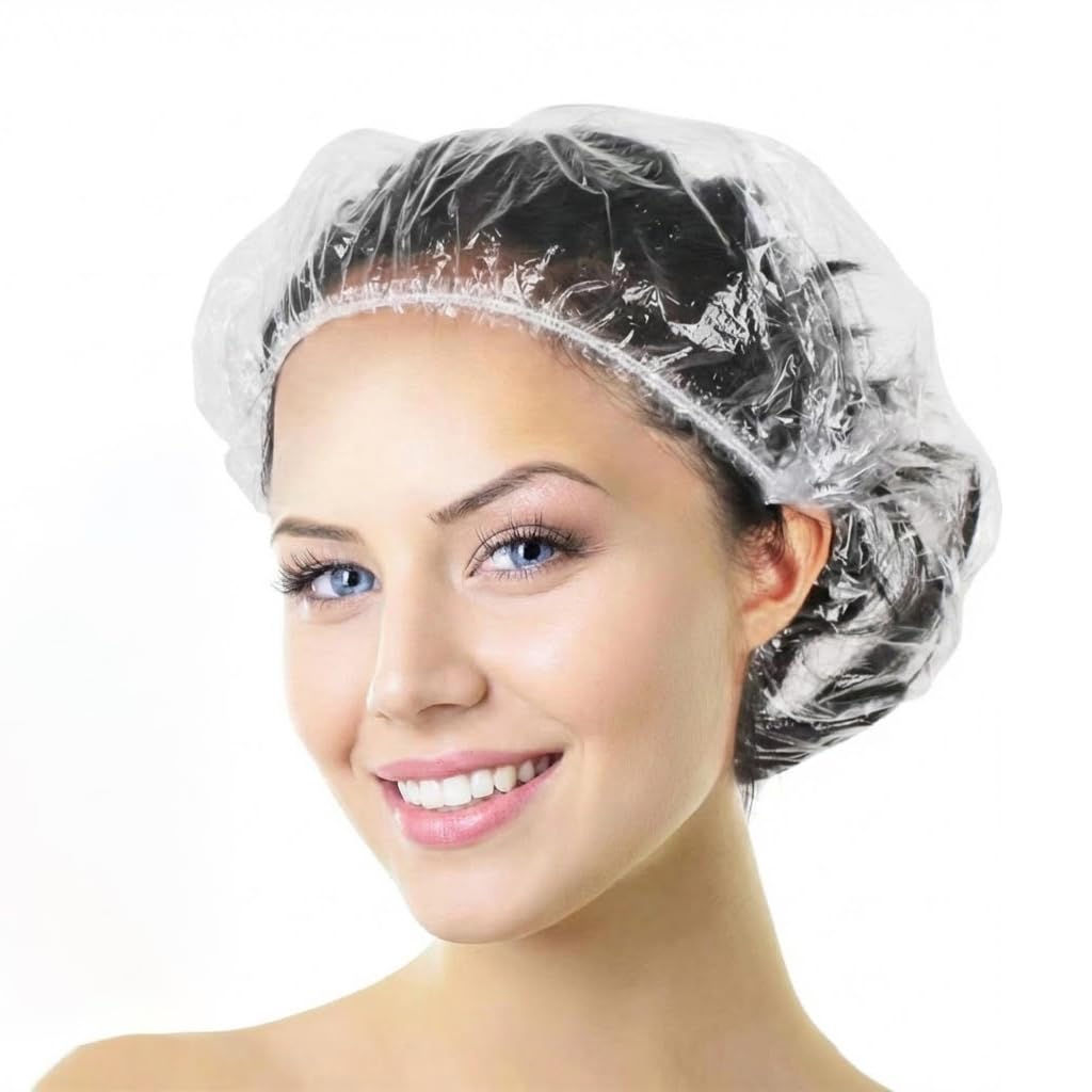 Aquior Shower Cap Disposable, 50 PCS Bath Caps Larger Thick Clear Waterproof Plastic Elastic Hair Bath Caps for Women, Hotel Travel Essentials Accessories Deep Conditioning Hair Care Cleaning Supplies