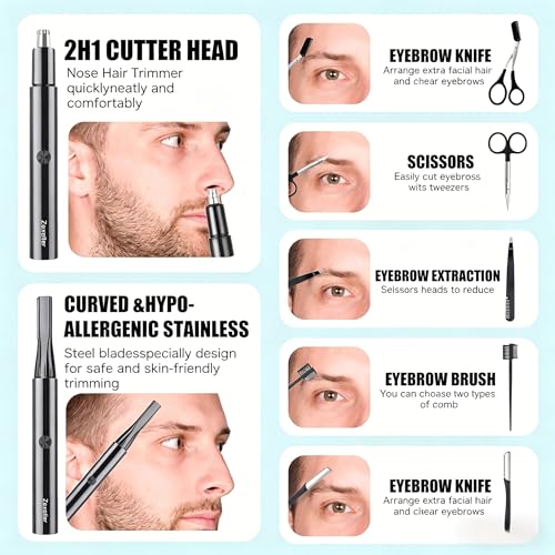 Electric Nose Hair Trimmer Eyebrow Trimmer for Men Women, 7-in-1 Painless Facial Grooming Kit, USB Rechargeable IPX7 Waterproof Precision Trimmer for Nose Ear Eyebrow Beard Body Hair