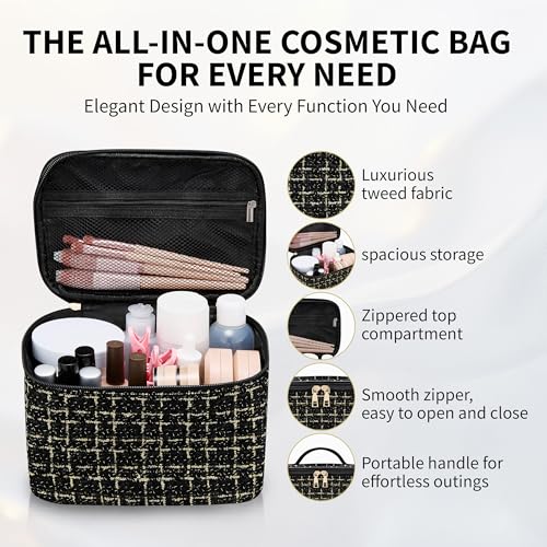 Luxury Tweed Makeup Bag for Women - Large Capacity Organizer