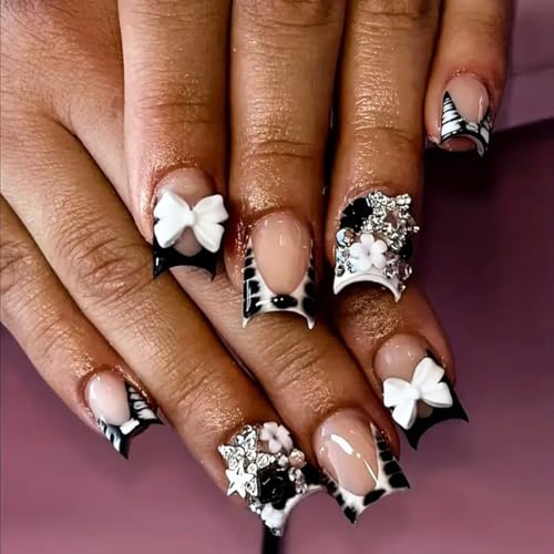 FBABFBUO Style3 Short Square Press On Nails with 3D Bow & Star Charm – 24Pcs