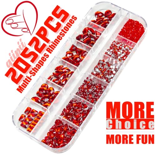 2052Pcs Ruby Red Nail Art Rhinestones with Tools - K9 Glass Gems