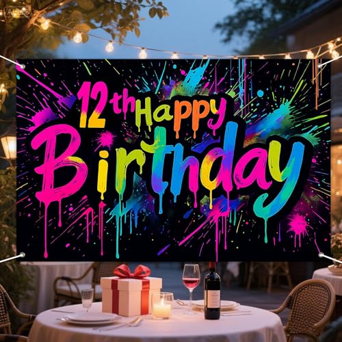 12th Birthday Party Banner - Rainbow Neon Splatter 71x43 Inch