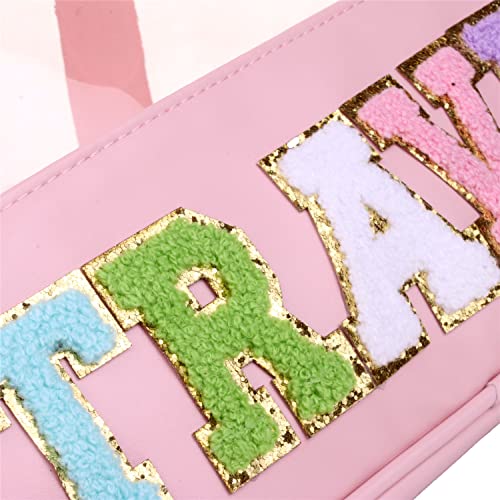 Clear Travel Makeup Bag with Chenille Letter Patch - Large Toiletry Tote