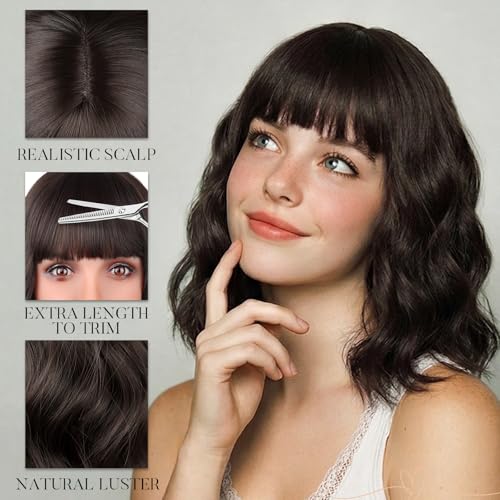 Lumitressa Brown Wavy Bob Wig with Bangs - 14 Inch Shoulder Length Synthetic Hair for Women