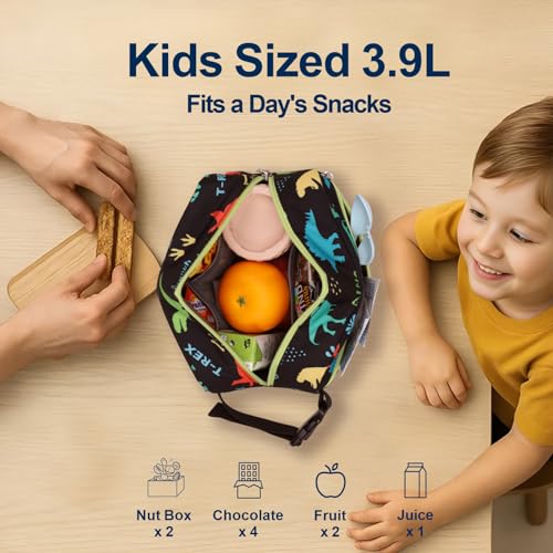 Bagseri Insulated Kids Snack Bag - Black Dinosaur, 3.9L