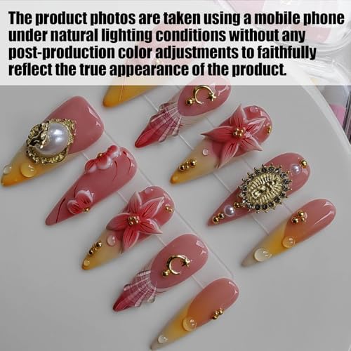 Gleamrain Long Almond Press on Nails with 3D Flower French Tip Design