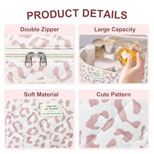 Pink Leopard Print Floral Quilted Makeup Bag for Travel