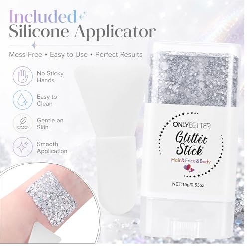 ONLYBETTER Silver White Glitter Stick for Body Face Hair Makeup - Multi-Use Holographic Glitter