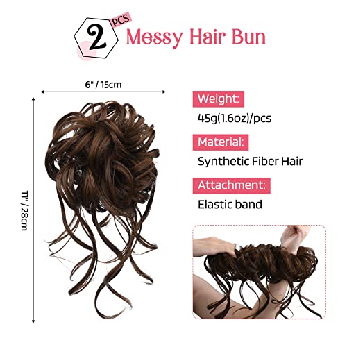 HOOJIH Messy Bun Hair Piece - 2PCS Tousled Updo Extensions in Warm Brown