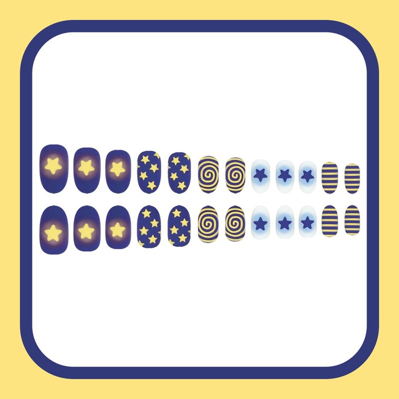 Press-On Nails - Medium Oval Matte Yellow & Blue with Spiral & Stripe Designs | 24 Reusable Full Cover Nails for Men & Women