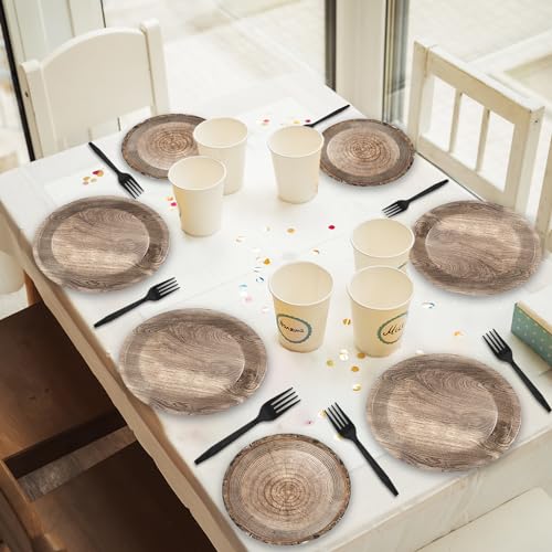 Lumberjack Party Plates Set - 48 Rustic Wooden Tree Plates