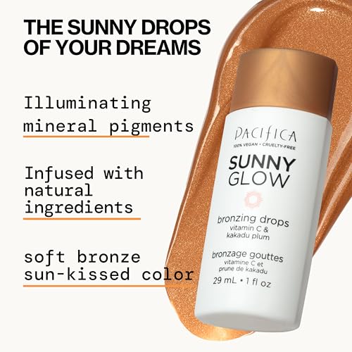 Pacifica Sunny Glow Liquid Bronzer Drops 1 Fl Oz - Face & Cheeks Sun-Kissed Glow with Vitamin C & Glycolic Acid