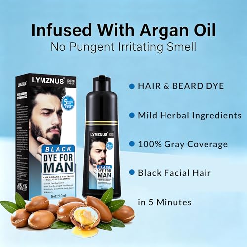 Lymznus Black Beard and Hair Dye Shampoo, 5-Minute Gray Coverage 200ml