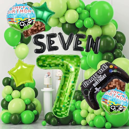 40-Inch Green Pixel Miner Number 7 Balloon Set - 13 Pcs Video Game Party Decorations