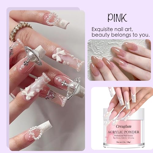 Creaglam Acrylic Powder Set 3 Colors Pink Clear Dark Pink 28g Nail Art