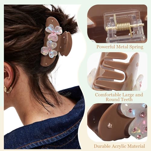 HAIMEIKANG Flower Acrylic Hair Claw Clips for Women - 3.54” Medium, Non-Slip, Strong Hold, Stylish Accessory, Coffee+Khaki Set
