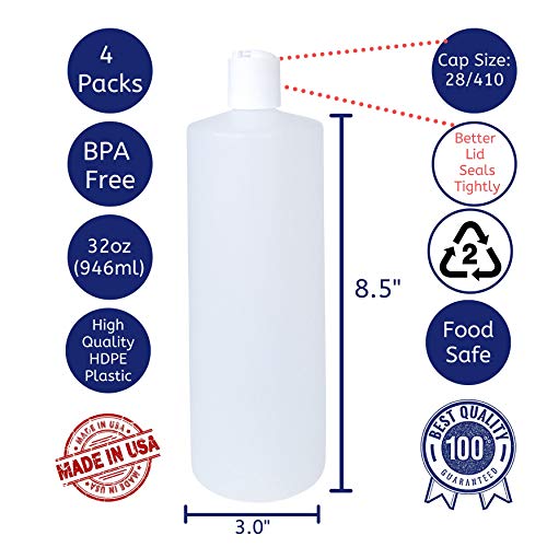 Kelkaa 32oz HDPE Plastic Squeeze Bottles with Disc Top Caps - 4 Pack