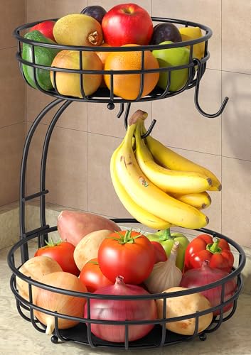 2 Tier Space-Saving Fruit Basket with Banana Hook for Kitchen