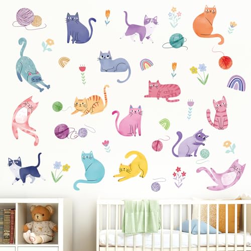 Colorful Cat Wall Stickers - Removable DIY Decals for Kids' Rooms