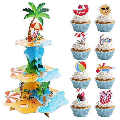 3-Tier Hawaiian Cupcake Stand with 24 Tropical Toppers