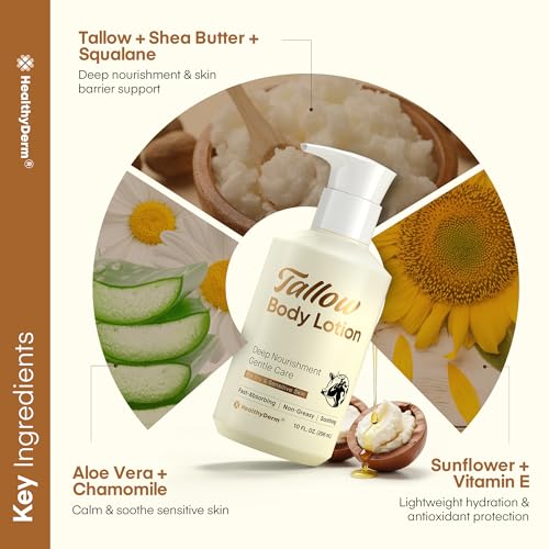 HealthyDerm Grass-Fed Beef Tallow Body Lotion for Dry & Mature Skin, 10 fl oz