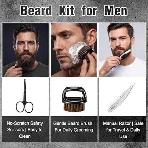 9 Pcs Birthday Gifts for Men Beard Care Set for Him Father's Gifts Basket Kit Get Well Soon Gift Basket with Hooded Robe, Long Towel, Socks for Dad Grandpa Husband Boyfriend(Dark Grey)