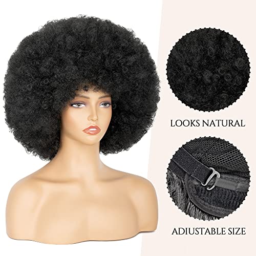 Aminow 70's Afro Wig for Women - Natural Black Short Kinky Curly with Bangs