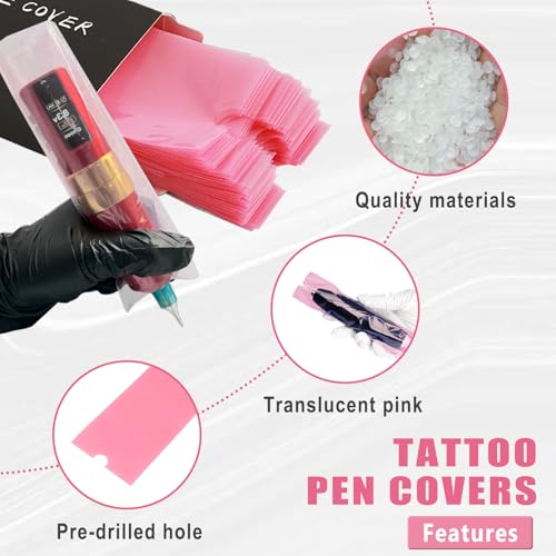 LEEYUKA 200Pcs Large Tattoo Pen Covers + 6 Grip Tapes Pink/Black Pink