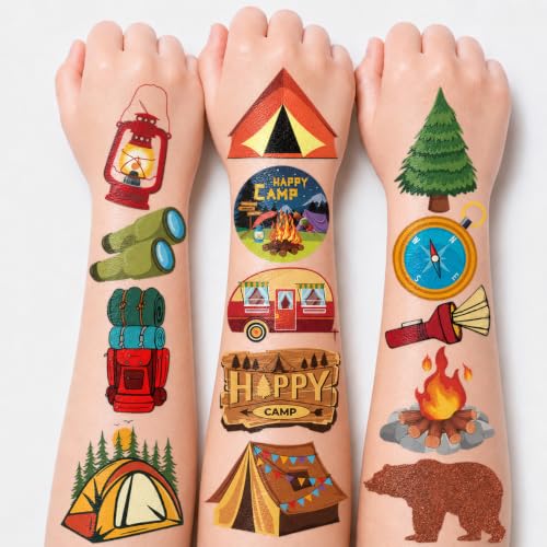 60 PCS Camping Temporary Tattoos for Kids - Pre-Cut Fun Stickers