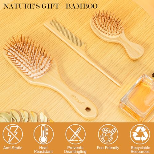 BFWood 3 Pack Yellow Bamboo Detangling Hair Brush Set for Travel & Styling