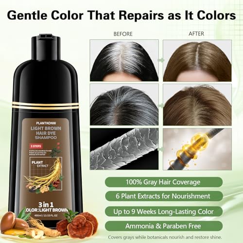 Plantkonw Light Brown Hair Dye Shampoo - 3-in-1 Natural Gray Coverage