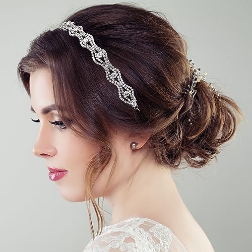 2pcs Elastic Rhinestone Wave Headbands for Women - Silver Crystal Hair Band