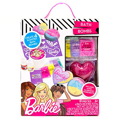 Horizon Group USA Barbie DIY Bath Bomb Kit for Kids - Create 4 Colorful, Fragrant Fizzies with Molds & Glitter - Pink, Yellow, Teal & Purple