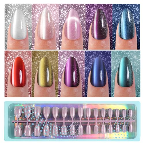 Vansiho Cat Eye Press On Nails, Medium Almond Soft Gel Fake Nail Tips