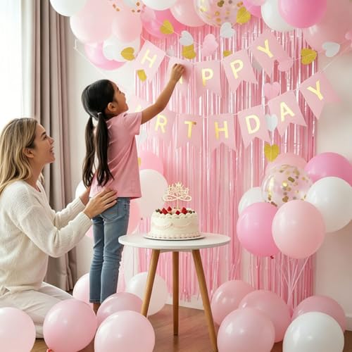 Pink Birthday Decorations Set for Girls & Women - Banner, Balloons, Cake Topper & More