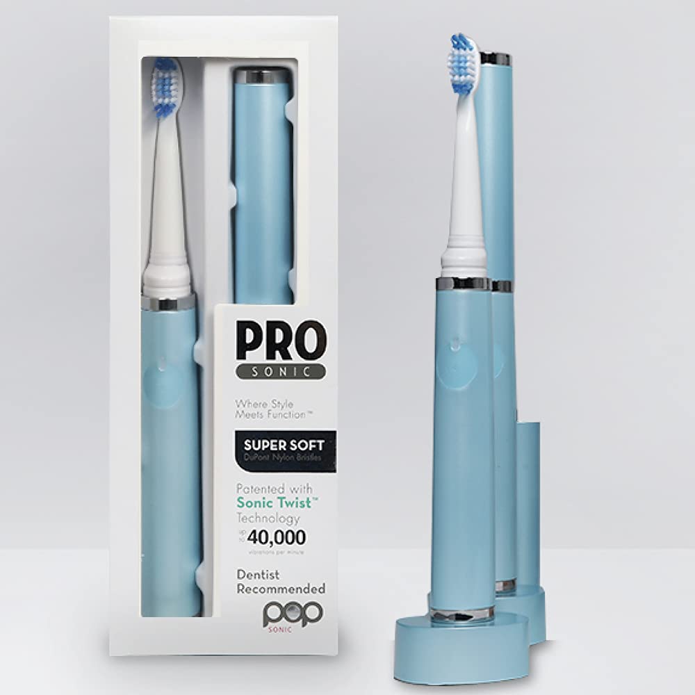 Pop Sonic Ultimate Pro Rechargeable Toothbrush (Hawaiian Blue) - 40,000 Strokes/Min - Long-Lasting Nylon Bristles - Teens & Adults with Quadrant Pacer & Timer
