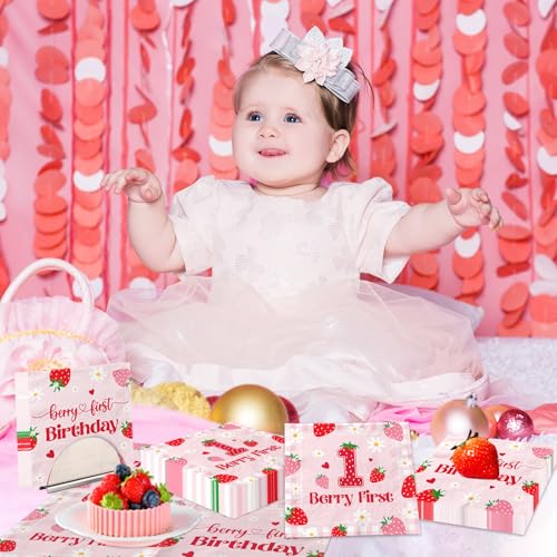Strawberry 1st Birthday Napkins - 50 Pack Disposable Party Decor