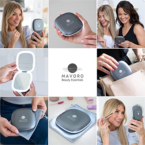 Mavoro LED Compact Travel Makeup Mirror 10x Magnification, USB-C Grey